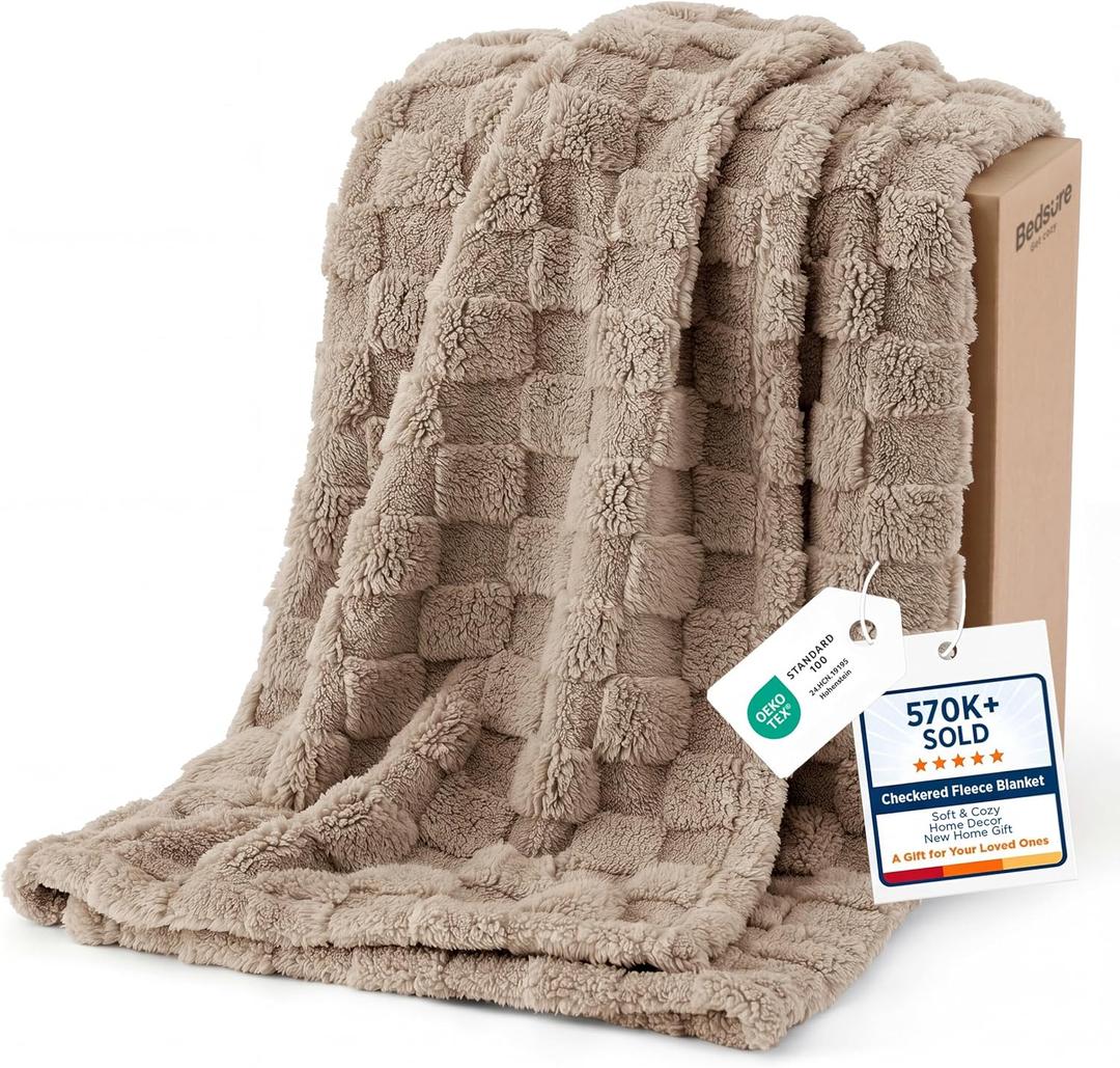 Bedsure GentleSoft Light Brown Throw Blanket for Couch - Checkered Fleece Blankets Gifts for Kids Girls, Cute Soft Cozy Throw for Bedroom Home Decor Gifts, 50x60 Inches