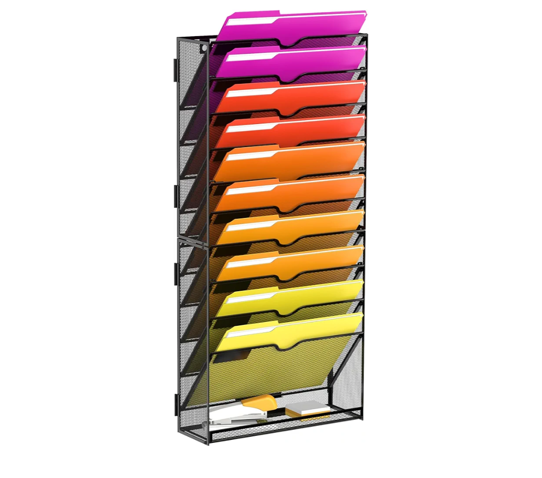 5Tier Over the Door File Organizer, Stackable Hanging Wall Files Rack with Door Hooks Wall Organizers, SVertical Wall File Storage with Tag for Office Home and Work Easy Organizing  Black