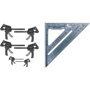 Amazon Basics 6-Piece Trigger Clamp Set - 2 Clamps 4-Inch, 4 Clamps 6-Inch & SWANSON Tool Co S0101 7 Inch Speed Square, Blue