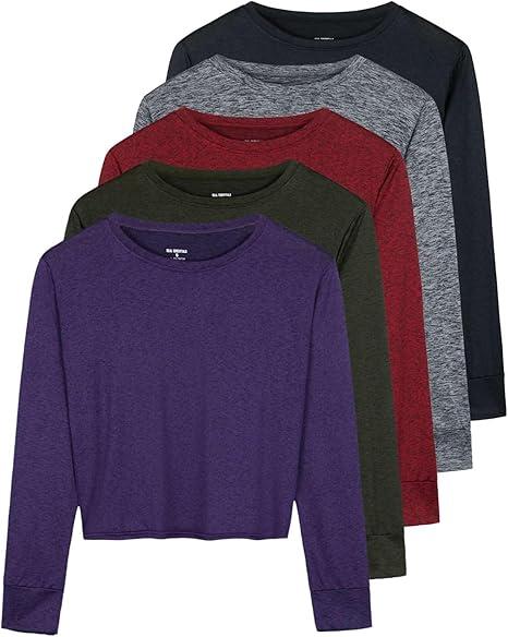 Real Essentials 3 Pack: Women's Dry Fit Crop Top - Long Sleeve Crew Neck Stretch Athletic Tee M