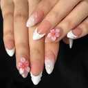 Handmade Press On Nails - MAGLFELL Spring Nails Almond False Nails, 3D Pink Carving Floral and French Design, 10Pcs Reusable Acrylic Fingernail Salon Artificial Nails Kit (Size S)