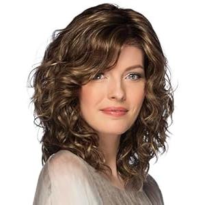SEVENCOLORS Medium Length Brown Wigs for White Women Short Curly Brown Mixed Blonde Wig with Bangs Synthetic Hair Wavy Layered Bob Wigs