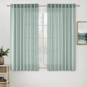 MIULEE Aqua Blue Short Linen Curtains 45 Inch Length 2 Panels for Kitchen Bedroom Bathroom, Soft Thick Linen Textured Basement Window Drapes Semi Sheer Light Filtering Back Tab Burlap Look Decor