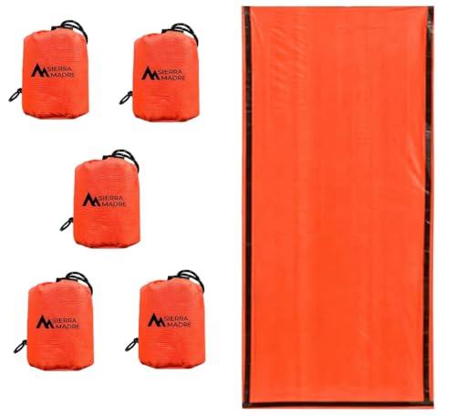 Sierra Madre Emergency Sleeping Bag – Ultralight, Waterproof Mylar Thermal Bivy Sack Tent for Hiking, Bug-Out Bags, Survival Kits – Emergency Survival Space Blanket for Heat Retention 5 Pack