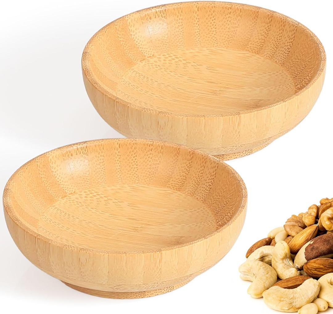 Small Bamboo Wooden Bowls Set of 2, Round Shallow Serving Bowls for Charcuterie/Fruit/Candy, 4 Inch Handmade Dipping Dishes for Spice/Salsa/Tomato Sauce
