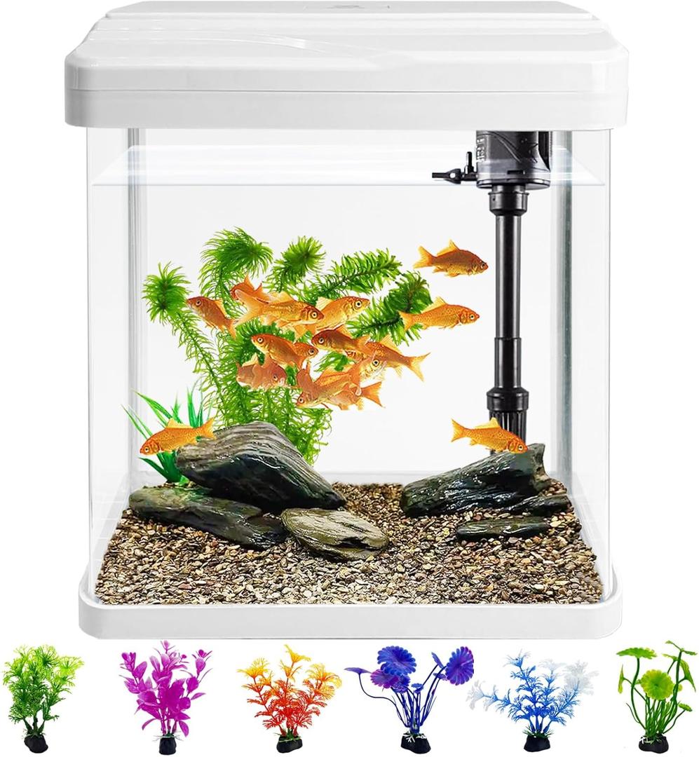 PINVNBY Small Fish Tank, 2 Gallon Glass Aquarium Starter Kits with 6 PCS Plastic Plants, Betta Fish Tank for Shrimp Guppy Jellyfish Goldfish Beta, Room Decor Desktop