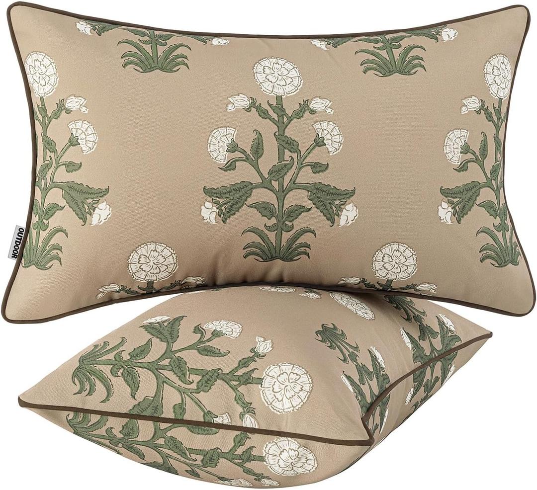 MIULEE Decorative Floral Outdoor Lumbar Pillow Covers with Inserts Set of 2 12x20,Waterproof Vintage Fade Resistant Patio Throw Pillows with Piping for Spring Summer Garden Couch Sofa,Brown