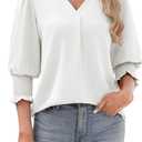 AGSEEM Women's 3/4 Length Sleeve Dressy Casual Summer Tops Smocked Cuffs (White, M)