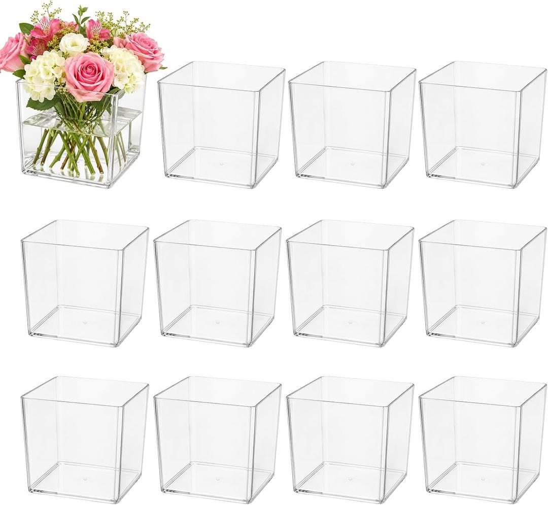 12Pcs Clear Square Vase, 5 x 5 in Acrylic Plastic Flower Vases for Centerpieces, Small Cube Container Bulk Succulent Pots Planters, Plastic Cube Floral Containers for Wedding Home Office Decor