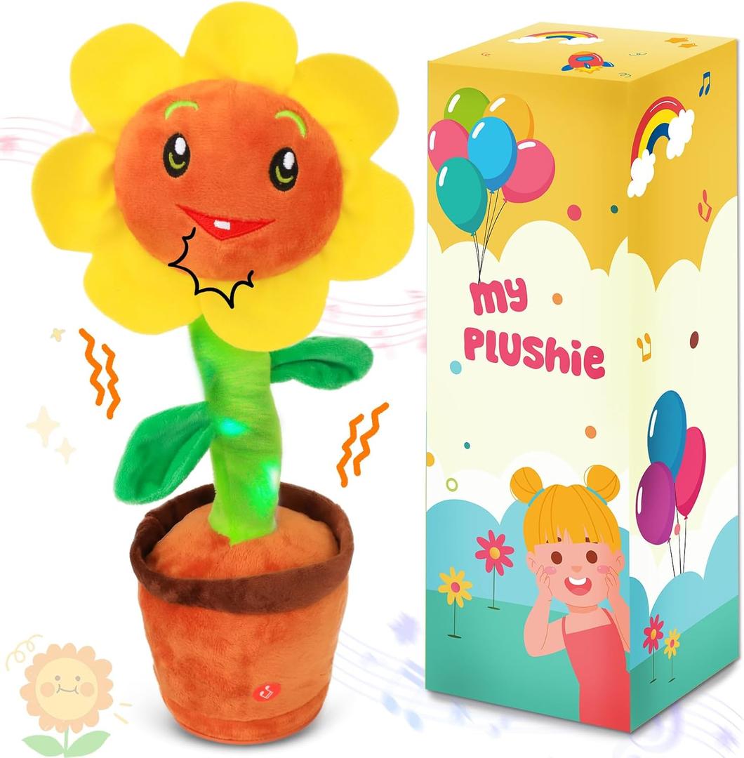 Easfan Singing Dancing Sunflower Talking Toy Electric Musical Plush Repeat What You Say Funny Speaking Interactive Toy Birthday for Kids, 14"