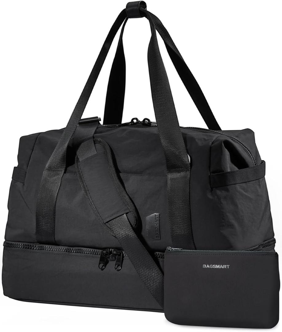 Weekender Bags for Women, BAGSMART Travel Duffel Bags with Shoe Compartment,Personal Item Travel Bag for Airlines, Carry on Overnight Tote Bag with Toiletry Bag(Black,2pcs) (X-Large)