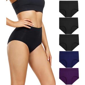 wirarpa Women's Underwear High Waisted Ladies Cotton Panties Soft Full Coverage Briefs 5 Pack (Regular & Plus Size) (Large, 3black, 1blue, 1purple-5p)