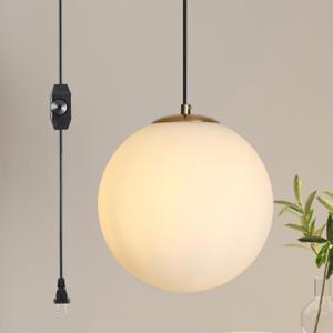 Plug in Globe Pendant Light, Mid Century Globe Hanging Lamp with Cord and ON/Off Switch, Modern Gold Chandelier with Milk Glass for Kitchen Island Dining Room Bedroom Hallway Foyer