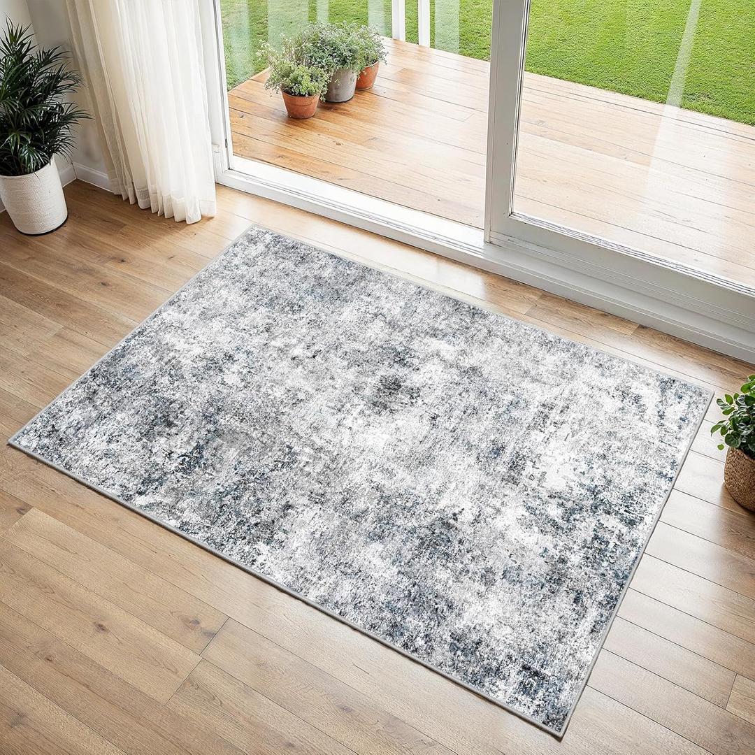 2x3 Washable Entryway Area Rug - Abstract Kitchen Rugs with Premium Non-Slip Backing Soft Low-Pile Small Carpet for Bathroom Bedroom Living Room Home DecorBlue Gray 2x3