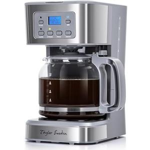 Taylor Swoden 12-Cup Programmable Coffee Maker, Regular & Strong Brew Drip Coffee Machine for Home and Office, Glass Carafe, Pause & Serve, Auto Shut Off, Gray & Stainless Steel