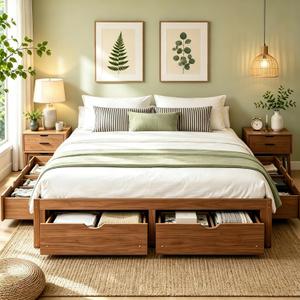 KEIKI King Size Platform Bed with 6 Storage Drawers, Solid Pine Wood Storage Bed Frame, Low Profile Wooden Mattress Foundation with Slats, No Box Spring Needed for Bedroom, Guest Room, Light Walnut
