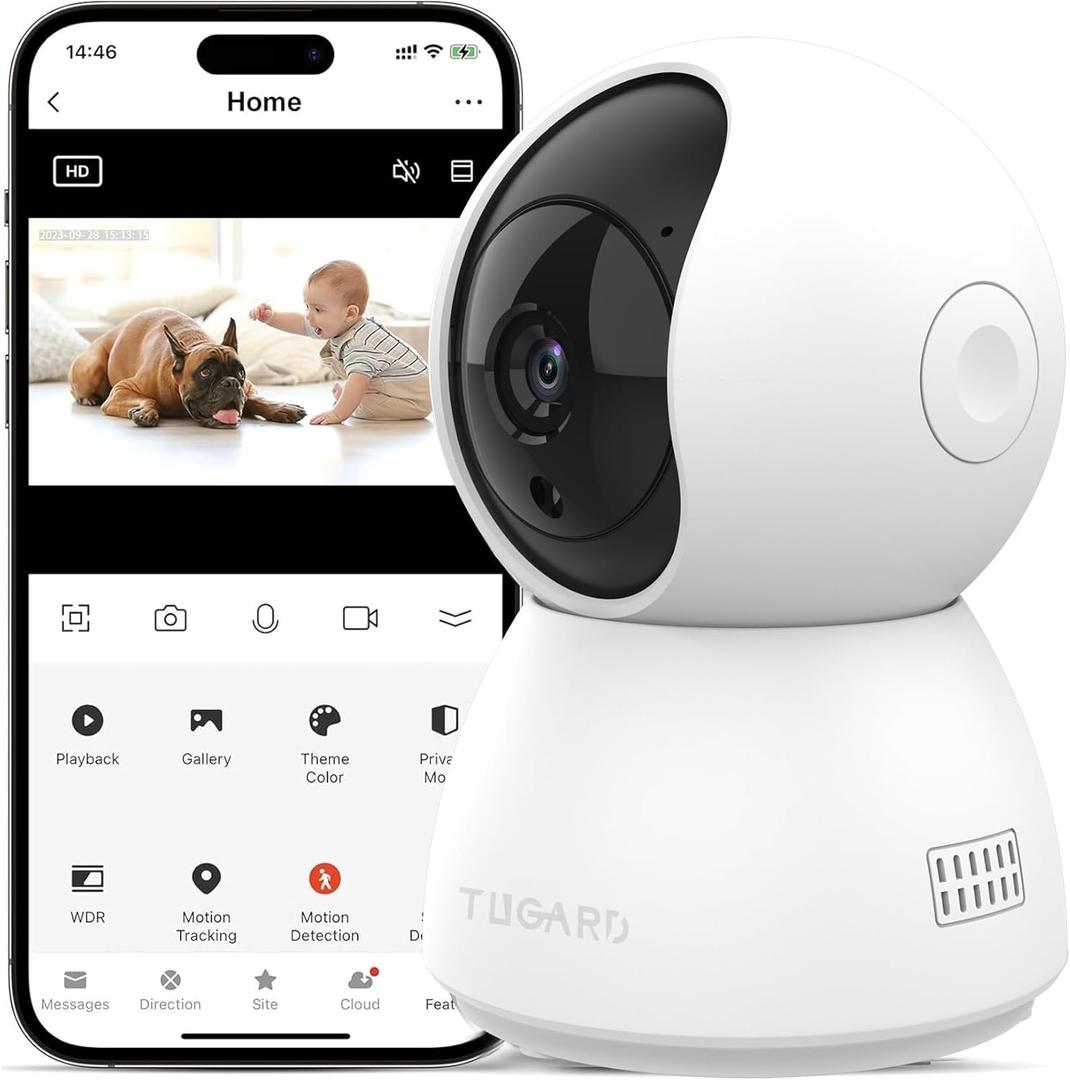 TUGARD Security Camera,2MP 355 Indoor Camera for Pet & Baby,Home Security with Phone App, Motion Tracking,2-Way Audio,IR Night Vision,Compatible w/Alexa & Google Assistant(2.4GHz ONLY)