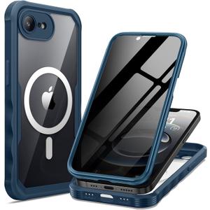 seacosmo for iPhone 16e Case, Full Body Bumper with Built-in 9H Tempered Glass Privacy Screen Protector and Camera Lens Protection, Compatible with MagSafe, Shockproof 16 e Phone Case, 6.1", Blue