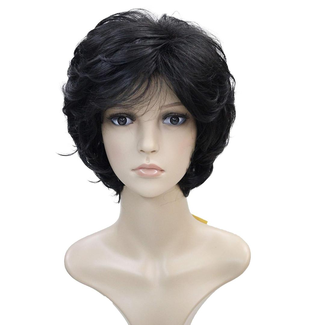 Wiginway Short Layered Shaggy Wavy Wigs Full Synthetic Bob Capless Wigs for White Women Natural Black (#2)