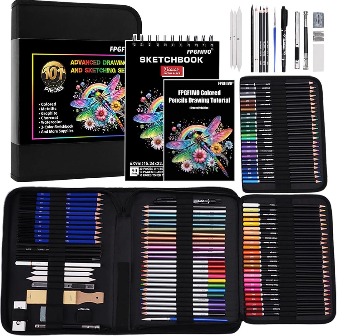 FPGFIIVO 101 Pcs Sketch Art Set, Art Supplies with 3-Color Sketchbook and Tutorial, Colored, Watercolor, Metallic, Graphite, Charcoal Pencils, Drawing Set Gifts for Artists Adults Kids Teens Beginner