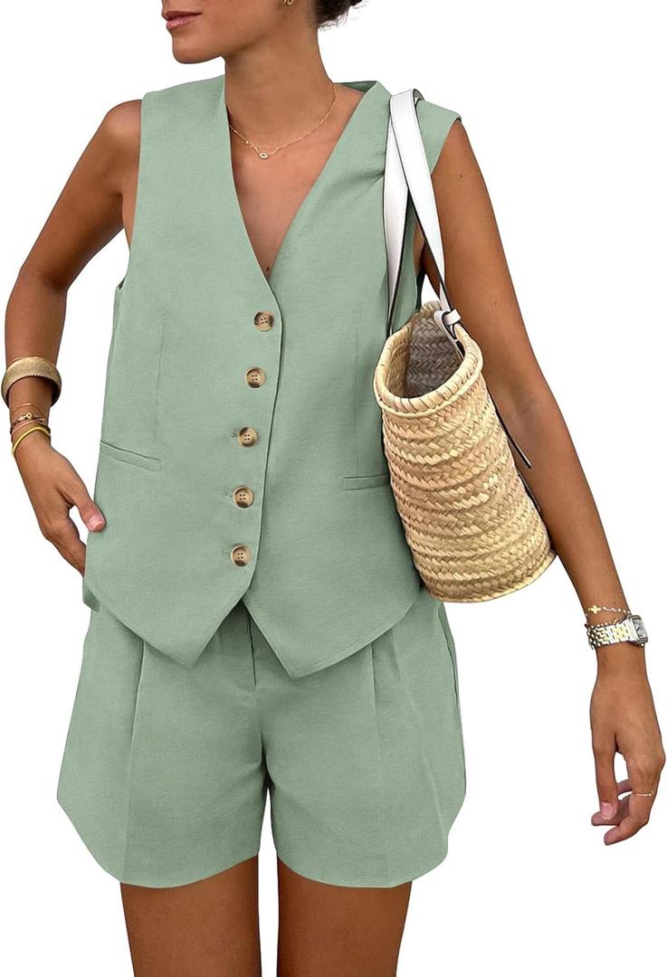 PRETTYGARDEN Women's Summer 2 Piece Outfits Sleeveless Matching Sets Button Down V Neck Vest Waistcoat and Pockets Shorts (Light Green)