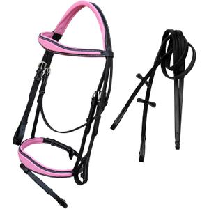 Exion Pink English Bridle for Horses | Anatomic Snaffle Noseband & Browband Jumping English Bridle with Flash and Rubber Reins. (Full/Horse Size, Havana)