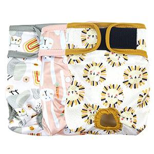 Langsprit Washable Female Dog Diapers (3 Pack) - Doggie Reusable Small Medium Large Dog Diapers for Doggy Puppy Female in Period - Highly Absorbent Dog Heat Panties (Medium,Rabbit, Owl, Lion)