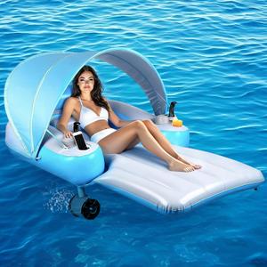 Motorized Pool Float with Canopy, Rechargeable Dual Motors Heavy Duty Pool Lounger with 2 with Dual Motors, Pool Raft Holds up to 300 lbs for Pool Party, Lake & Summer Water, 66x43x19"