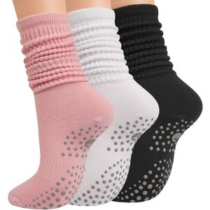 Grip Pilates Socks for Women, Yoga Slouch Socks with Grip for Barre Workout Hospital Long Scrunch Slipper Socks (White+black+pink)