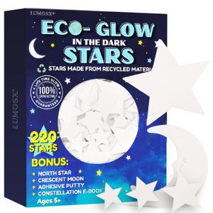 Glow in the Dark Ceiling Stars for Kids Room  220pcs Glow Stars for Ceiling Made from Recycled Materials with Moon, North Star & Constellation E-Book | LUMOSX