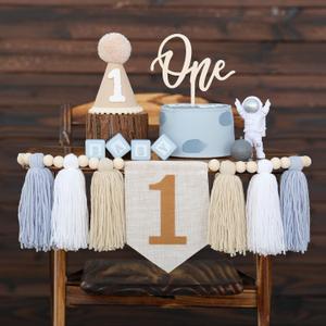 First Birthday High Chair Banner Decorations For Boy 1st Birthday Hat With One Cake Topper Photo Backdrop (Khaki)