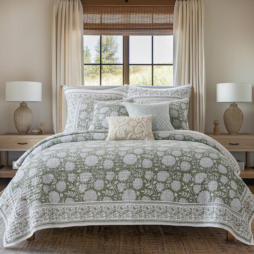 Levtex Home Adare Sage Reversible King/Cal King Quilt Set (106x92in) with 2 Pillow Shams (36x20in) - Floral Bedding - Sage White - Cotton King Size Quilt Bedding Set - Lightweight, Soft, Pre-Washed