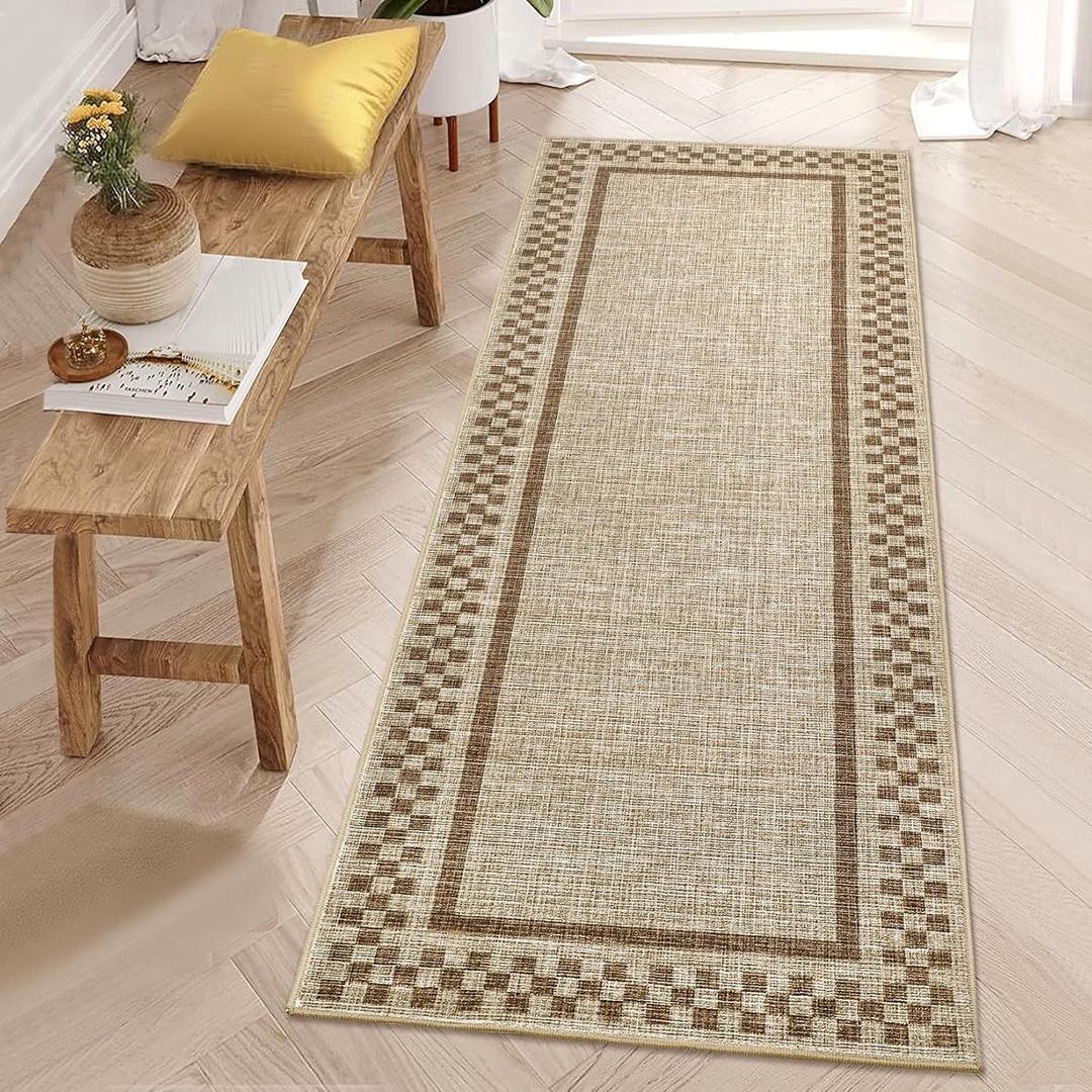GarveeHome Kitchen Runner Rug Washable Runner Rug 2x6 for Hallway Non Slip Soft Throw Runner Carpet Modern Bordered Bathroom Mat Low Pile Checkered Runner Rugs for Bedroom Living Room Entry, Taupe