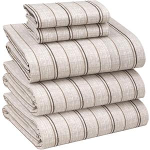 RUVANTI 100% Cotton Sheets Split King Size Percale Bedding, Cooling & Breathable Floral Design, Durable with a Crisp, Soft & Comfortable Feel, 16" Deep Pocket, 5-Piece Set, Brown Stripes