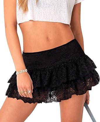 Navneet Women Sexy Y2K Sheer Lace Ruffle Mini Skirt Low Rise Mesh Ruffle Shorts Micro Skirt Coquette Going Out S