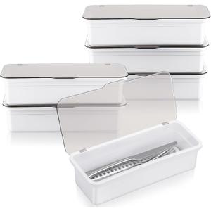 Remerry 6 Pcs Flatware Tray with Lid and Drainer, Plastic Utensil Organizer, Kitchen Cutlery Transparent Storage Box with Lid and Drain Rack, Drawer Tableware Storage Box for Home and Travel (White)