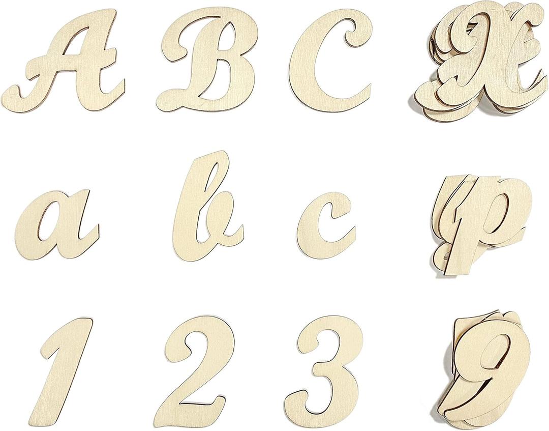 2 Inch 458 Pcs Wooden Cursive Letters Numbers Crafts Unfinished Wood Alphabet Letters ABCs Numbers 0-9 with Extras for Wall Decor