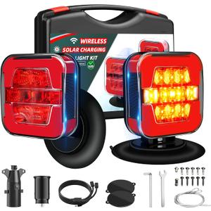 Solar Wireless Trailer Lights Kit, Magnetic LED Tow Lights with Brake Turn Tail Light Modes, 100FT Remote Signal, USB-C Rechargeable, IP67 Waterproof with Safety Rope for Boat Truck RV