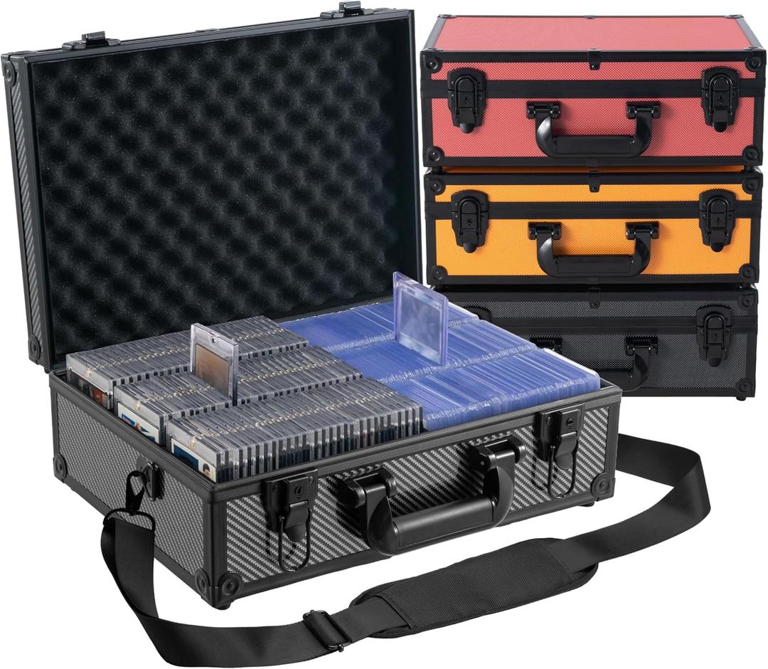 Toploader Storage Box for 3x4 35pt Rigid Cards, Top Loader Cards Holds 600+ Top Loaders - Aluminum Alloy Trading Card Case, Sports Card Storage Box with Lock (Large Carbon Fiber)