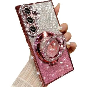 Changjia for Samsung Galaxy S24 Plus Glitter Kickstand Case,Luxury Bling Sparkly Diamond Rhinestone with Camera Protector Liquid Ring Stand Clear Phone Case for Women Girl for Galaxy S24 Plus (Pink)
