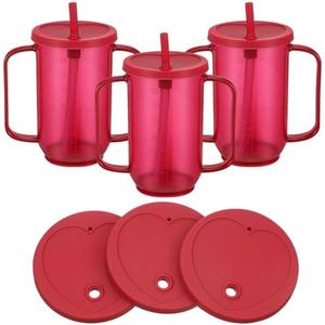 Sliner Adult Sippy Cups for Elderly 12 oz Straw Sippy Cups with 2 Handles No Spill for Adults Spill Proof Dysphagia Cup for Disabled Patients(Red)
