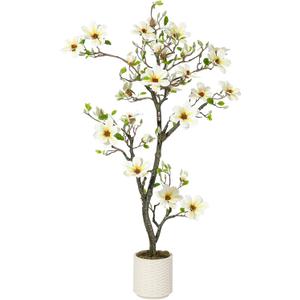 5FT Faux Magnolia Plants Artificial Flower Trees Fake Plants For Yard Patio Home Office Arrangement Decor Indoor Outdoor Artificial Magnolia Tree Inc. 120 Realisc Flowers Vivid Leaves Mosses White Pot (9in)