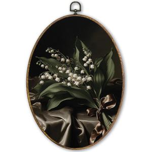 TLESKE Dark Vintage Lily of the Valley Oval Wall Art Decor Framed 9x12, Dark Academia Cottagecore Canvas Wall Art Prints Artwork, Moody Floral Wall Hanging Room Door Decor for Bedroom Bathroom, 11.3"L x 8.7"W
