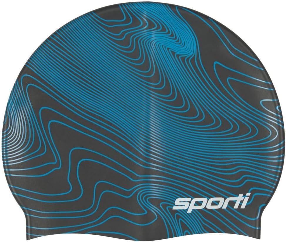 Sporti Silicone Swim Cap Graphic Design with Dimension Height 7.6" Opening 7.5", Swimming Cap Non Slip, Easy Wear and Removal (Sonar Blue)