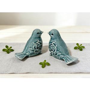 Pair of Ceramic Bird Figurines, Small Bird Statues Tea Coffee Pet Home Office Decor for Windows Shelves Entryway TV Stand (Blue)