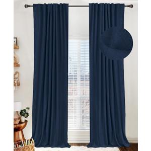 100% Blackout Shield Linen Blackout Curtains for Bedroom 84 Inches Long, Back Tab/Rod Pocket Living Room Drapes, Thermal Insulated Blackout Curtains 2 Panels Set, 50" W x 84" L, Midnight Blue