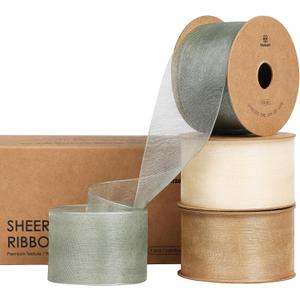 Vitalizart Organza Ribbon 1.5" x 30 Yd Cream White Rose Gold & Dusty Green Sheer Ribbons for Gift Wrapping Crafts Christmas Party Decor Bows Wedding Invitations Wreaths Bouquet