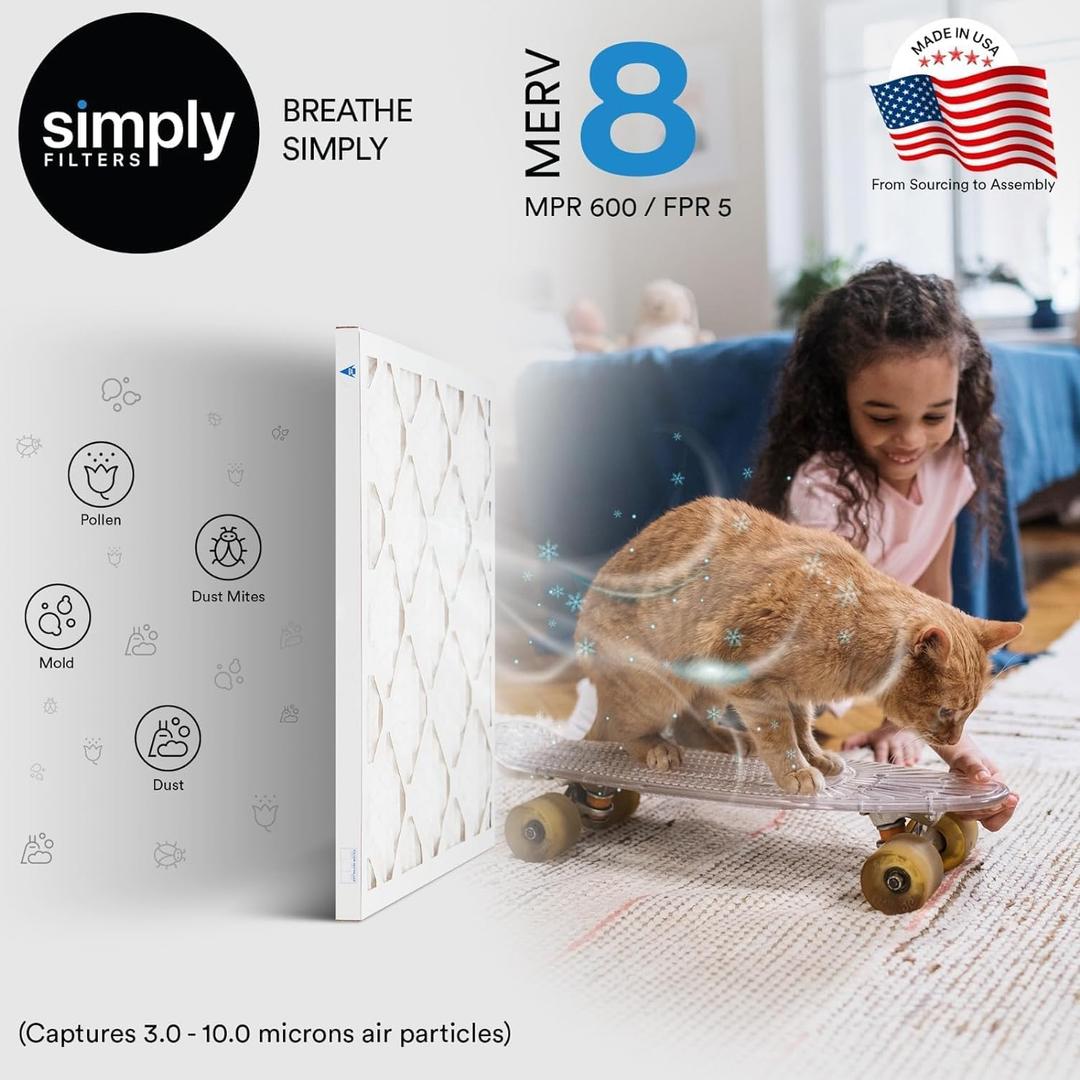 Simply 20x20x2 Air Filter, MERV 8, MPR 600, 1 Pack, Furnace Air Filter for HVAC (Actual Size:19.5"x19.5"x1.75") DUST, Pet, & Allergy Control 1 Pack