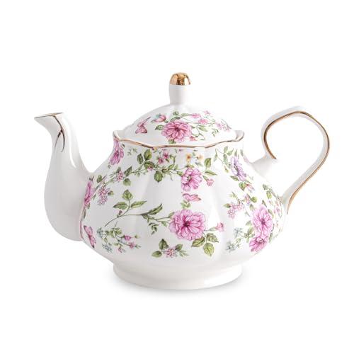Agyiuns Flower Ceramic Teapot,22oz Porcelain Tea pot for Tea Coffee Milk for Office Home Men Women as Gift (White and big flowers)