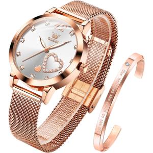 OLEVS Women's Rose Gold Watches Heart Diamond Japanese Quartz Movement Girls Ladies Wristwatch Big Face Waterproof Mesh Belt Watch and Bracelet Set Valentines Day Gift (Rose Gold Band and White dial)